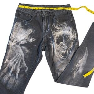 Graphic Scream and Skeleton, Black/White Denim Slim Fit Jeans Men’s 28